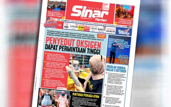 Laporan muka depan Sinar Harian pada Isnin.