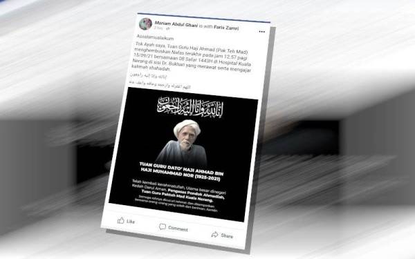 Hantaran dimuat naik cucu Allahyarham pada pagi Rabu memaklumkan pemergian Pak Teh Mad.