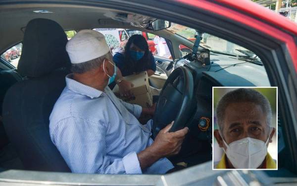 Sara menyampaikan bantuan prihatin kepada salah seorang pemandu teksi di Stesen Komuter Shah Alam pada Khamis. Gambar kecil: Razali