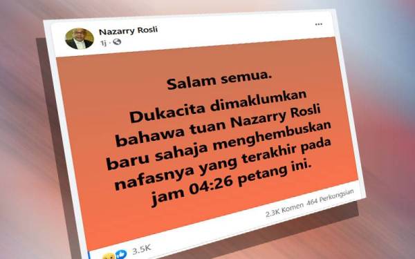 Siaran di Facebook milik Nazarry pada Khamis.