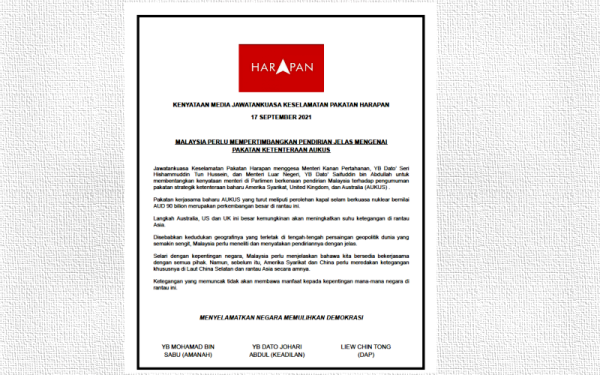 Kenyataan Jawatankuasa Keselamatan Pakatan Harapan dikeluarkan oleh Presiden Parti Amanah Negara (Amanah) Mohamad Sabu; Ketua Whip Parti Keadilan Rakyat (PKR), Datuk Johari Abdul dan Pengarah Strategik DAP, Liew Chin Tong.