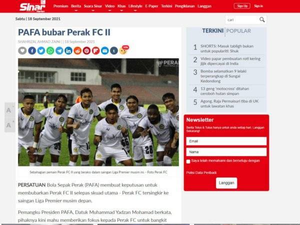 Laporan Sukan Sinar pada Sabtu.