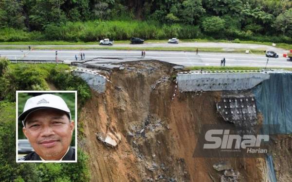 Keadaan jalan runtuh di Laluan Persekutuan FT185, Jalan Simpang Pulai - Blue Valley (Cameron Highlands). (Gambar kecil: Zulkipli)