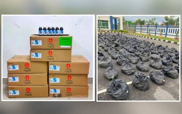 112 liter ubat batuk bernilai RM9,000 dan 1.84 tan daun ketum bernilai RM64,400 dirampas PDRM.