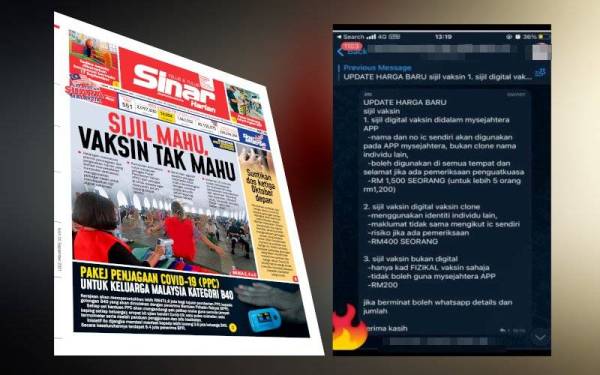Laporan muka depan Sinar Harian pada Isnin. Gambar kanan: Tangkap layar yang tular di media sosial akhir-akhir ini memaparkan kegiatan penjualan sijil vaksinasi.