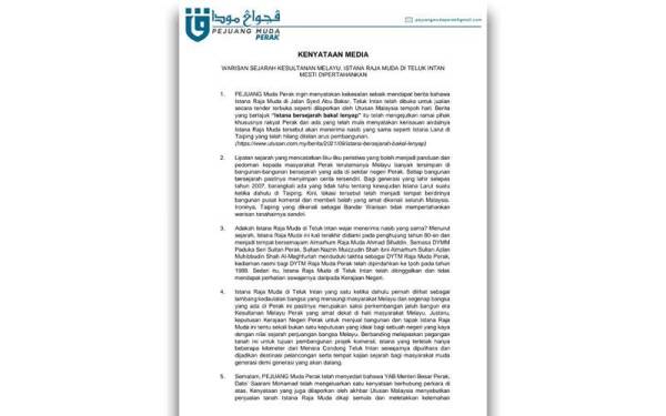 Kenyataan akhbar Pejuang Muda Perak pada Rabu mengenai penjualan tanah Istana Raja Muda Perak.