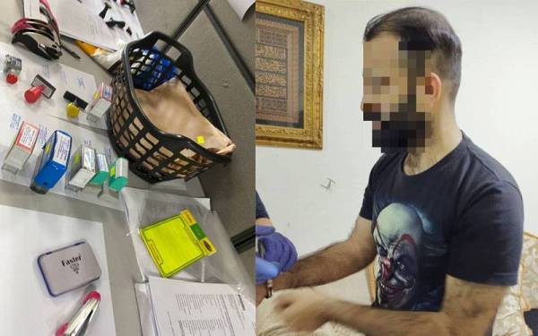 Antara cap dan dokumen-dokumen palsu yang ditemui dalam serbuan tersebut. Salah seorang suspek warga Pakistan yang ditahan.