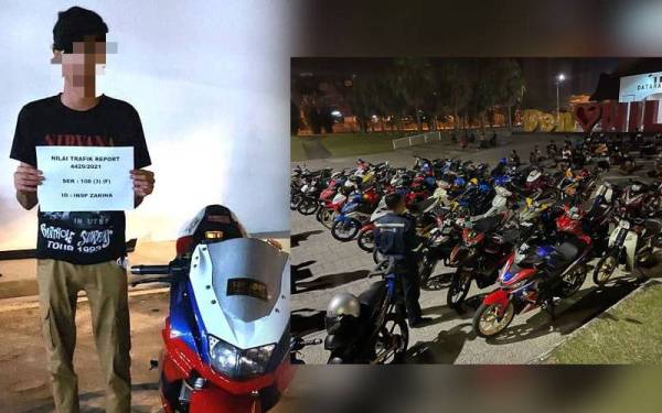 Lelaki yang ditahan dalam Ops Samseng Jalanan pada Ahad. Antara motosikal yang ditahan untuk pemeriksaan.