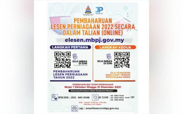 MBPJ melancarkan Kempen Baharui Lesen Perniagaan 2022 yang akan bermula pada 1 Oktober 2021 sehingga 31 Disember depan