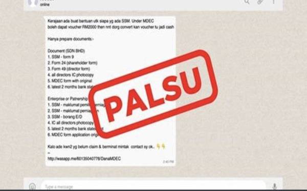 MDEC menafikan mengeluarkan sebarang mesej menawarkan baucar yang boleh ditebus dengan wang tunai kepada syarikat yang berdaftar dengan Suruhanjaya Syarikat Malaysia (SSM). - Foto Bernama