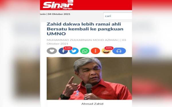 Laporan Sinar Harian pada Isnin