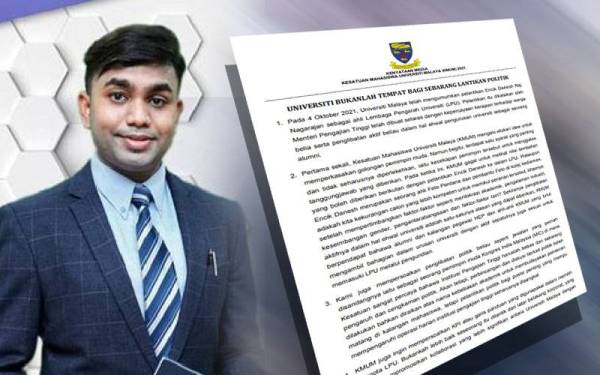 Kenyataan akhbar oleh KMUM pada Jumaat berhubung pelantikan Danesh Raj Nagarajan sebagai Ahli Lembaga Pengarah Universiti Malaya. Gambar kiri: Danesh Raj Nagarajan