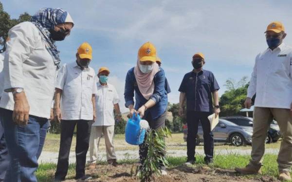 Azulita (tengah) menyiram pokok durian musang king selepas selepas melawat projek pembangunan pertanian bercampur ladang Kampung Mahkota pada Rabu.