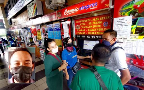 Kelihatan orang ramai membeli tiket bas di stesen bas Terminal 1, Seremban pada Khamis. Gambar kecil: Muhd Iqhwan