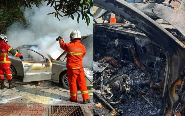 Gambar kiri, anggota bomba memadamkan api kebakaran kereta Mercedes Benz. Gambar kanan, keadaan Mercedes Benz yang musnah kira-kira 80 peratus dalam kejadian di R&R Temerloh pada Khamis. - Foto ihsan Bomba