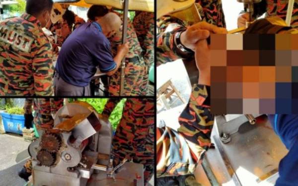 Anggota bomba mengambil masa kurang daripada lima minit bagi mengeluarkan tangan kiri mangsa.- Foto ihsan Balai Bomba Seremban