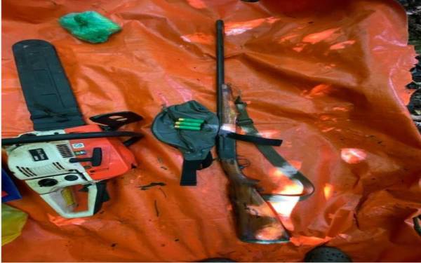 Senjata api dan peralatan melombong yang ditemui disimpan dalam 'dump' di kawasan penempatan pelombong haram di Sungai Bole di Hutan Simpan Ulu Segama Malua, Lahad Datu.