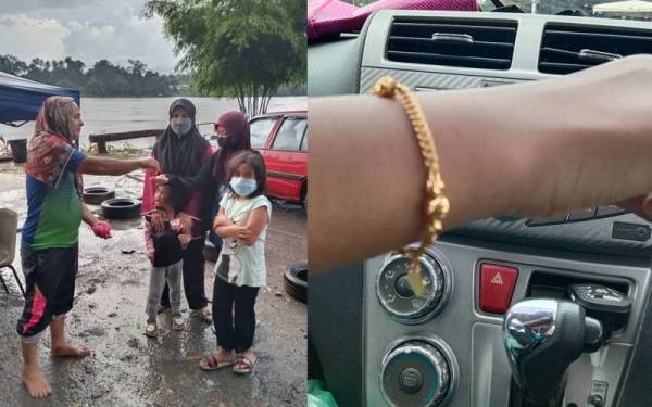 Wakil daripada Pasukan Sukarelawan Kalang Warisan, Kuala Terengganu menyerahkan barang kemas yang dijumpai kepada wakil keluarga kanak-kanak berkenaan. Gelang emas yang baharu dipakai tidak sampai tempoh 24 jam ini tercicir semasa mandi di Kalang Warisan, Kuala Terengganu sebelum dijumpai semula selepas hampir seminggu.