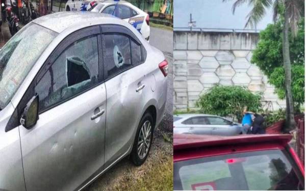 Suspek cuba ditenangkan orang awam ketika cuba memecahkan cermin kereta mangsa dalam kejadian pada Sabtu di perumahan Bee Bee Park di sini.