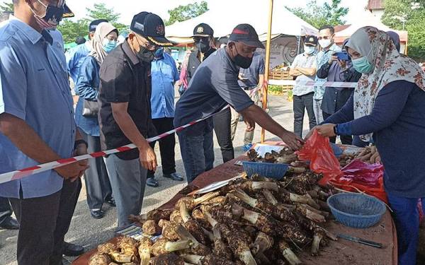 Ronald (tengah) melihat hasil pertanian yang dijual di Pasar Tani Jalan Datin Halimah Johor Bahru pada Sabtu.