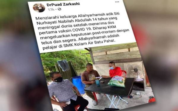 Tangkap layar hantaran Ketua UMNO Bahagian Batu Pahat, Datuk Dr Mohd Puad Zarkashi berhubung kematian seorang remaja perempuan.