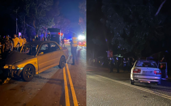 Gambar kiri, keadaan kereta Proton Wira yang remuk selepas terlibat dalam kemalangan, Gambar kanan, lokasi kejadian yang membabitkan empat buah kenderaan di KM35.5, Jalan Kuala Terengganu- Kuantan, Kampung Serating, Marang. - Foto ihsan PDRM