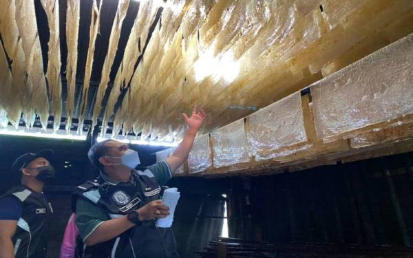 Mohd Wazir menunjukkan fucuk yang dihasilkan di kilang terbabit.