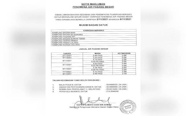 Notis makluman yang dikeluarkan Sekretariat Bencana Daerah Bagan Datuk kepada penduduk terlibat dengan kesan fenomena air pasang besar.