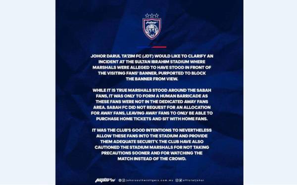 Kenyataan dimuatnaik JDT di laman Facebooknya pada Rabu.