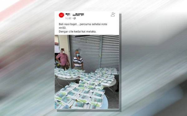 Tular gambar yang memaparkan beberapa bungkusan makanan di atas meja yang dikaitkan dengan PRN Melaka.