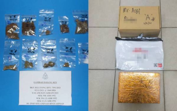 Ketulan mampat dadah dipercayai ganja dan beberapa peket mengandungi ceraian daun disyaki ganja dirampas.