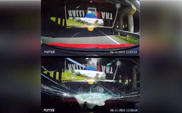 Rakaman video memaparkan kenderaan dibaling batu oleh individu tidak dikenali ketika melalui Jambatan Bandar Darulaman di Kilometer 32.6 Lebuhraya Utara Selatan.