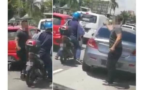 Tangkap layar rakaman video yang memaparkan tindakan seorang pemandu kereta bertindak kasar terhadap penunggang motosikal.