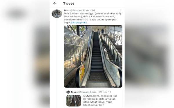Eskalator yang didakwa tidak berfungsi sejak lima tahun lalu dibangkitkan oleh seorang pengguna Twitter pada Rabu.
