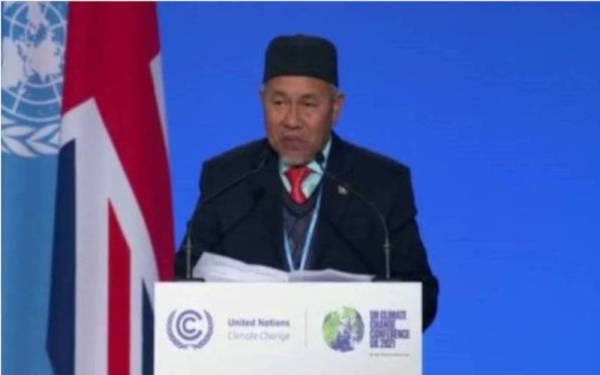 Tuan Ibrahim ketika menyampaikan kenyataan negara pada Persidangan Ke-26 Konvensyen Rangka Kerja Perubahan Iklim Pertubuhan Bangsa-Bangsa Bersatu (UNFCCC COP-26) di Glasgow, Scotland, pada Rabu.
