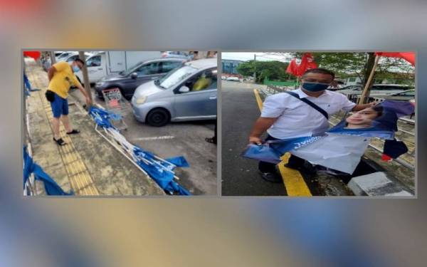 Petugas menunjukkan poster calon PN yang dikoyakkan serta bendara PN yang didapati dicabut serta tiangnya dipatahkan. - Foto FB Wan Saiful Bin Wan Jan
