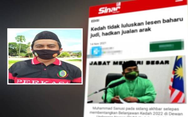 Azrol .Gambar Kanan : Laporan Sinar Harian mengenai keputusan kerajaan Kedah tidak meluluskan lesen baharu judi dan hadkan penjualan minuman berakohol.