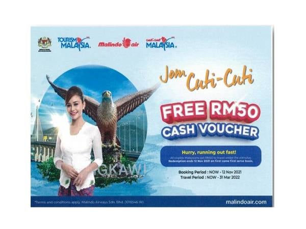 Poster mempromosikan baucar bersama syarikat penerbangan di dalam negara.