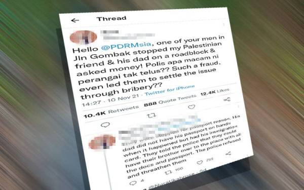 Satu rakaman percakapan antara suspek dan mangsa turut tular menerusi satu ciapan yang dimuat naik seorang pemilik akaun Twitter yang mendakwa anggota berkenaan mengambil RM400 daripada mangsa.