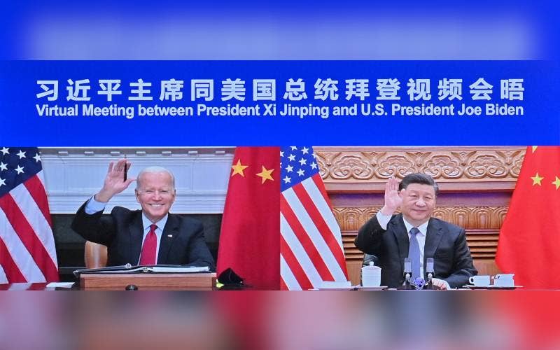 Pertemuan secara maya antara Presiden China, Xi Jinping dengan Presiden AS, Joe Biden di Beijing, China. Foto Xinhua