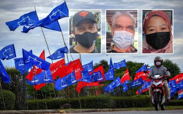 Bendera Parti Barisan Nasional (BN) dan Pakatan Harapan (PH) yang dipasang menghangatkan suasana kempen PRN Melaka di Kampung Sempang dekat Merlimau. Gambar kecil dari kiri: Zulkifli, Arjan, Salwa
