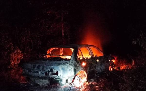 Keadaan kereta yang turut terbakar dalam kejadian di Jalan Baru, Kampung Pulau Rusa, Merchang, Marang pada Jumaat.