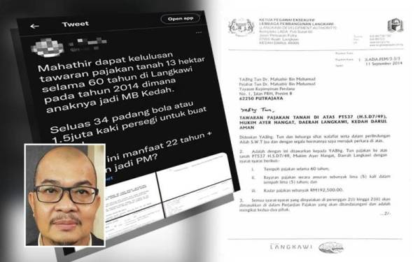 Ciapan yang tular di Twitter berkaitan pajakan tanah terbabit. Surat rasmi daripada Ketua Pegawai Eksekutif LADA yang bertarikh 11 September 2014 turut dimuat naik dalam ciapan terbabit. Gambar kecil: Nasaruddin
