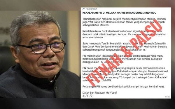 Kenyataan di media sosial yang disahkan palsu oleh Mohd Redzuan.