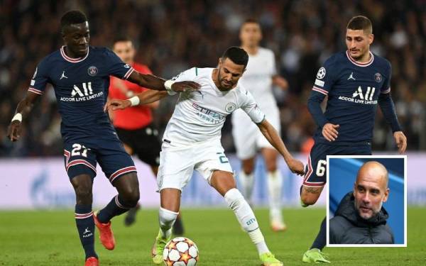 Aksi bagi saingan peringkat kumpulan antara City dan PSG, September lalu. - Foto Gettyimages. Gambar Kecil :Guardiola - Foto Planet Sport.