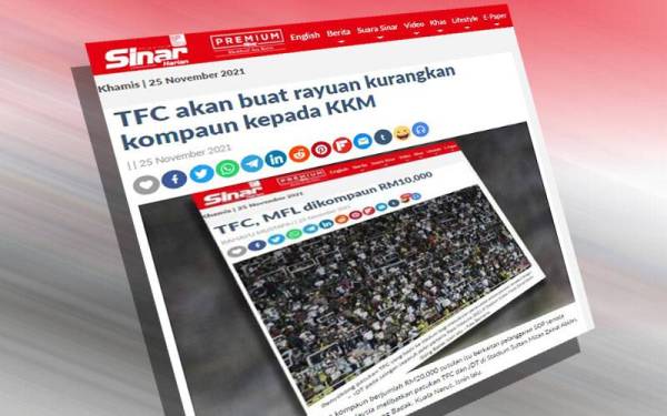 Kompaun berjumlah RM10,000 masing-masing kepada Terengganu Football Club Sdn Bhd selaku tuan rumah dan MFL sebagai penganjur, kerana kegagalan memastikan pematuhan protokal am dalam pengurusan penonton dan penyokong iaitu penjarakan fizikal dan pemakaian pelitup muka dengan sempurna semasa aksi berlangsung.