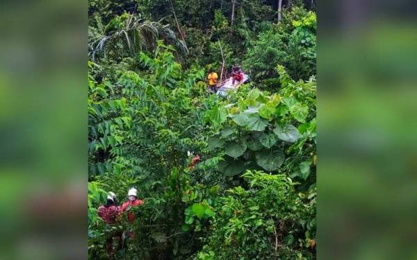 Kereta Perodua Myvi mangsa yang terjatuh ke dalam gaung sedalam kira-kira 50 meter pada Jumaat. - Foto ihsan JBPM