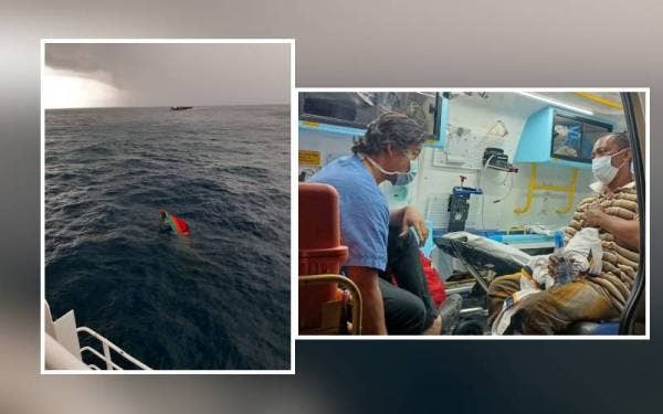 Keadaan bot mangsa yang tinggal muncung selepas karam di perairan Pulau Kapas pada Sabtu.(Gambar kanan) Mohd Nasir (kanan) dibawa ke Hospital Kemaman selepas tiba di Jeti Zon Maritim Kemaman bersama bot Penggalang 16 Foto: Maritim Malaysia