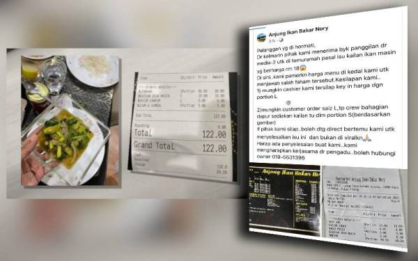Sayur kailan ikan masin yang dibeli dengan harga RM18. (Kanan: Resit pembelian menunjukan harga kailan ikan masin RM18.)Gambar kiri: Kenyataan yang dikeluarkan pemilik restoran Anjung Ikan Bakar Nory berhubung isu berkenaan.