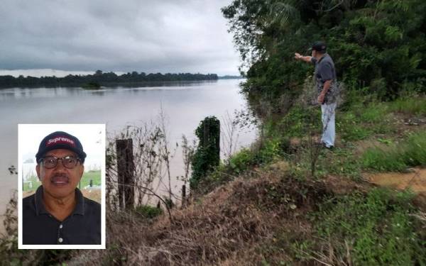 Mohd Nor menunjukkan aliran Sungai Pahang yang hampir 10 meter dari kawasan tanah perkuburan sebelum ini sudah terhakis dalam tempoh tiga tahun. (Gambar kecil: Mohd Nor)